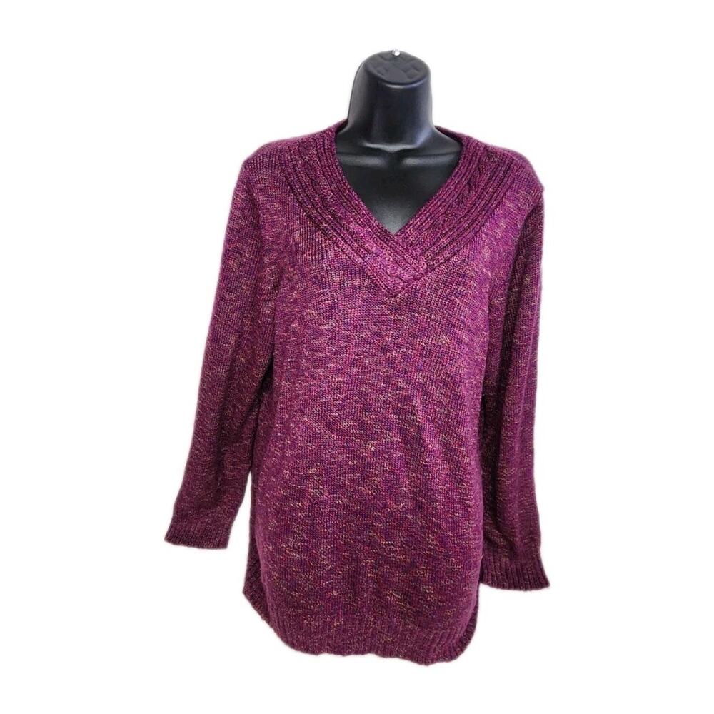 CJ Banks Plus Size V Neck Knit Long Sleeve Tunic Sweater Plus Size 1X Plum